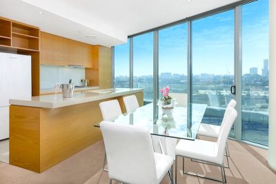 Kitchen with city views